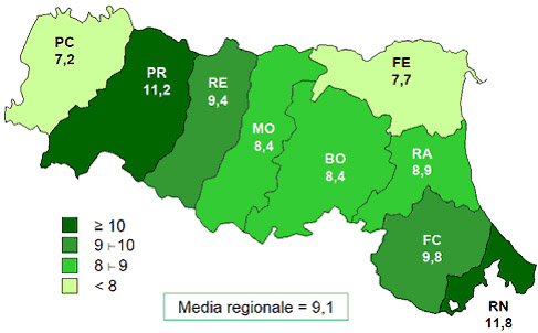  Figura 1 - Tassi di incidenza delle nuove diagnosi di infezione da HIV per 100.000 abitanti residenti, per Azienda USL. Regione Emilia-Romagna. Quinquennio 2006-2010